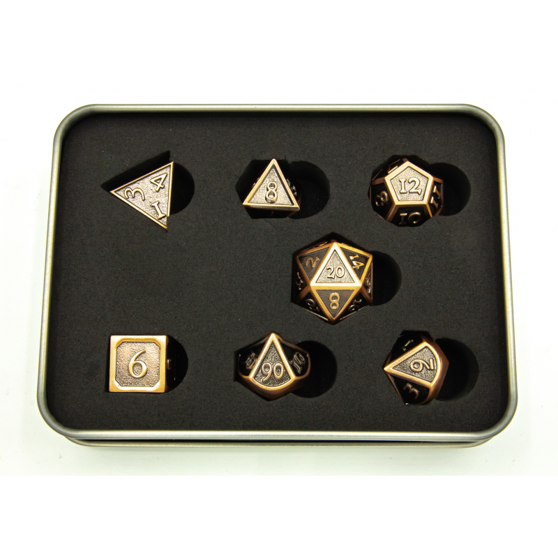 Ancient Shadow Set of 7 Metal Polyhedral Dice with Copper Numbers for D20 based RPG's