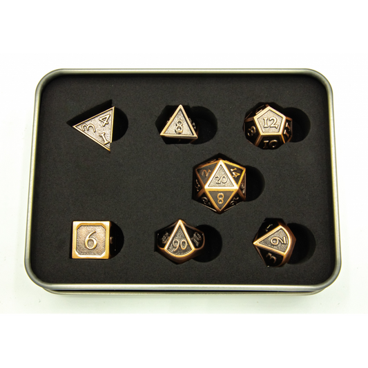 Ancient Shadow Set of 7 Metal Polyhedral Dice with Copper Numbers for D20 based RPG's