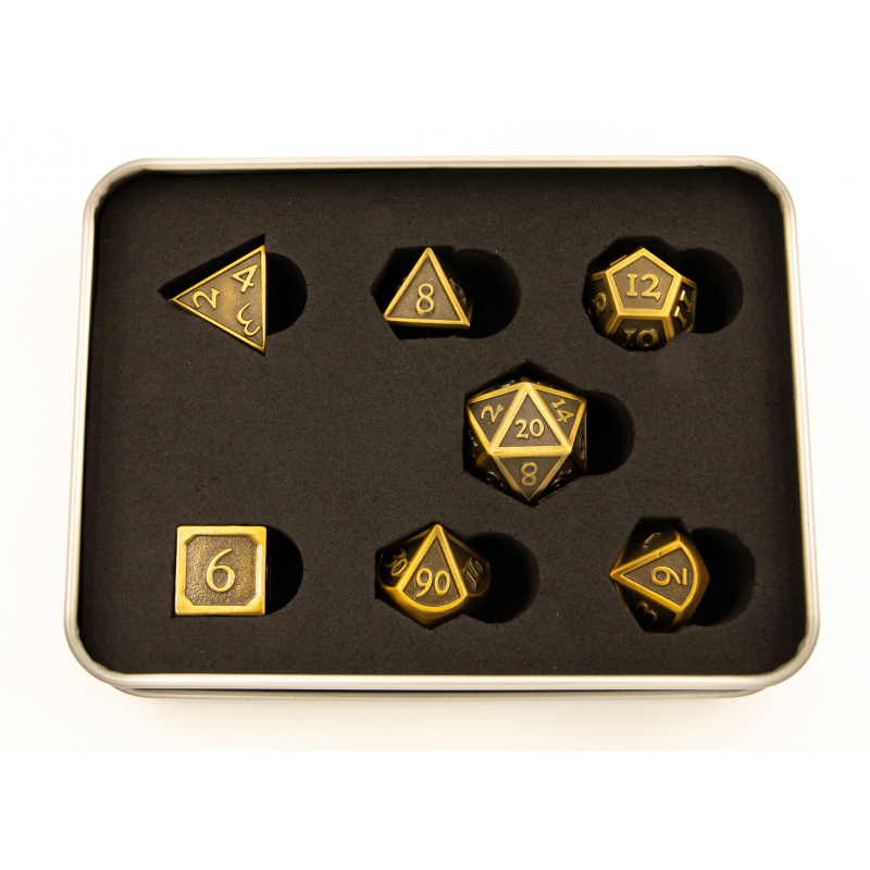 Ancient Shadow Set of 7 Metal Polyhedral Dice with Gold Numbers for D20 based RPG's