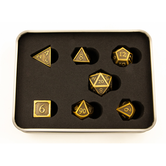 Ancient Shadow Set of 7 Metal Polyhedral Dice with Gold Numbers for D20 based RPG's