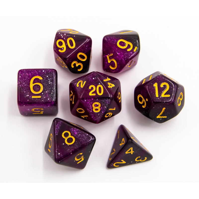 Black/Purple/Yellow Set of 7 Shimmering Galaxy Polyhedral Dice with Gold Numbers for D20 based RPG's