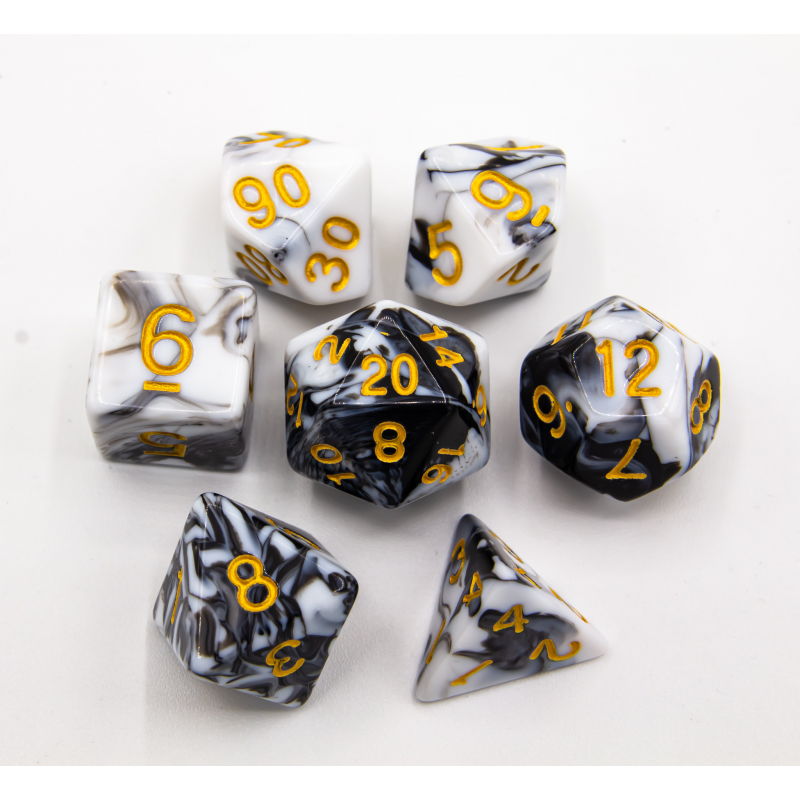 Black/White Set of 7 Fusion Polyhedral Dice with Gold
Numbers for D20 based RPG's