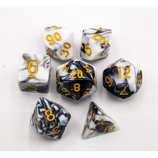 Black/White Set of 7 Fusion Polyhedral Dice with Gold
Numbers for D20 based RPG's