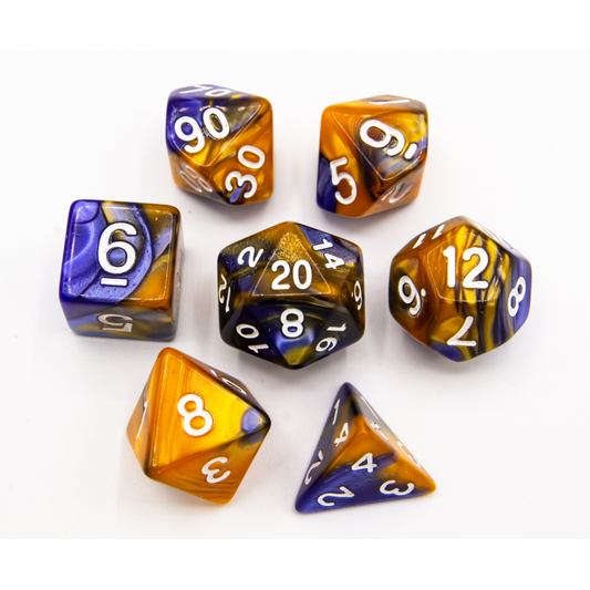 Blue/Gold Set of 7 Fusion Polyhedral Dice with White
Numbers for D20 based RPG's