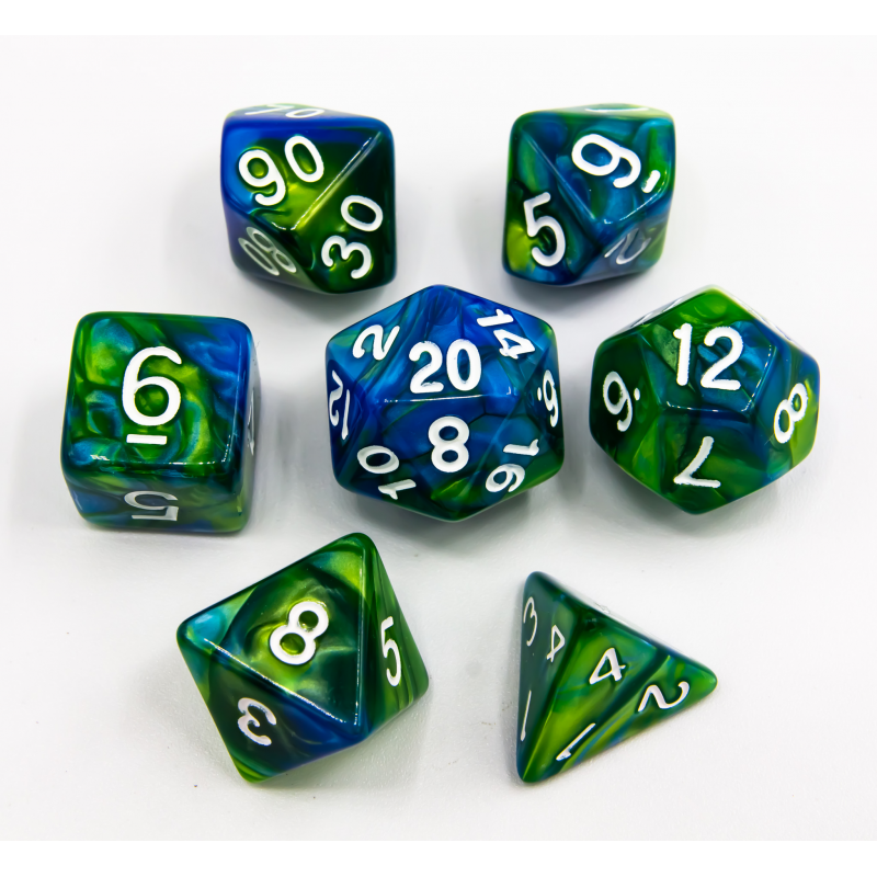 Blue/Green Set of 7 Fusion Polyhedral Dice with
White Numbers for D20 based RPG's