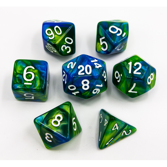 Blue/Green Set of 7 Fusion Polyhedral Dice with
White Numbers for D20 based RPG's