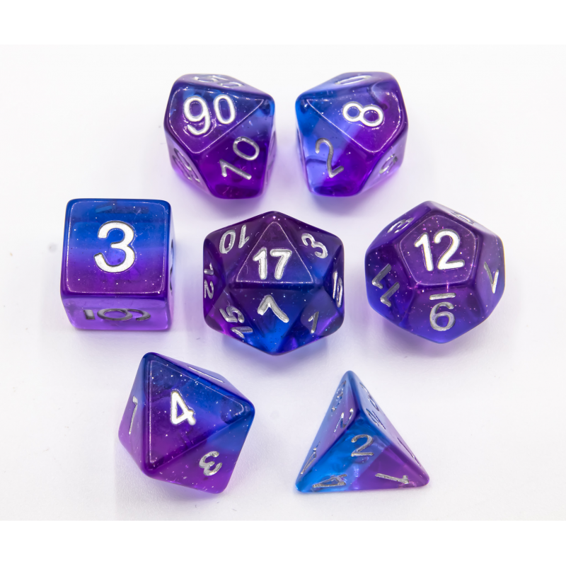 Blue/Purple Set of 7 Aurora Polyhedral Dice with
White Numbers for D20 based RPG's