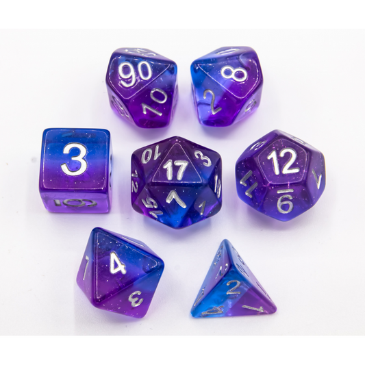 Blue/Purple Set of 7 Aurora Polyhedral Dice with
White Numbers for D20 based RPG's