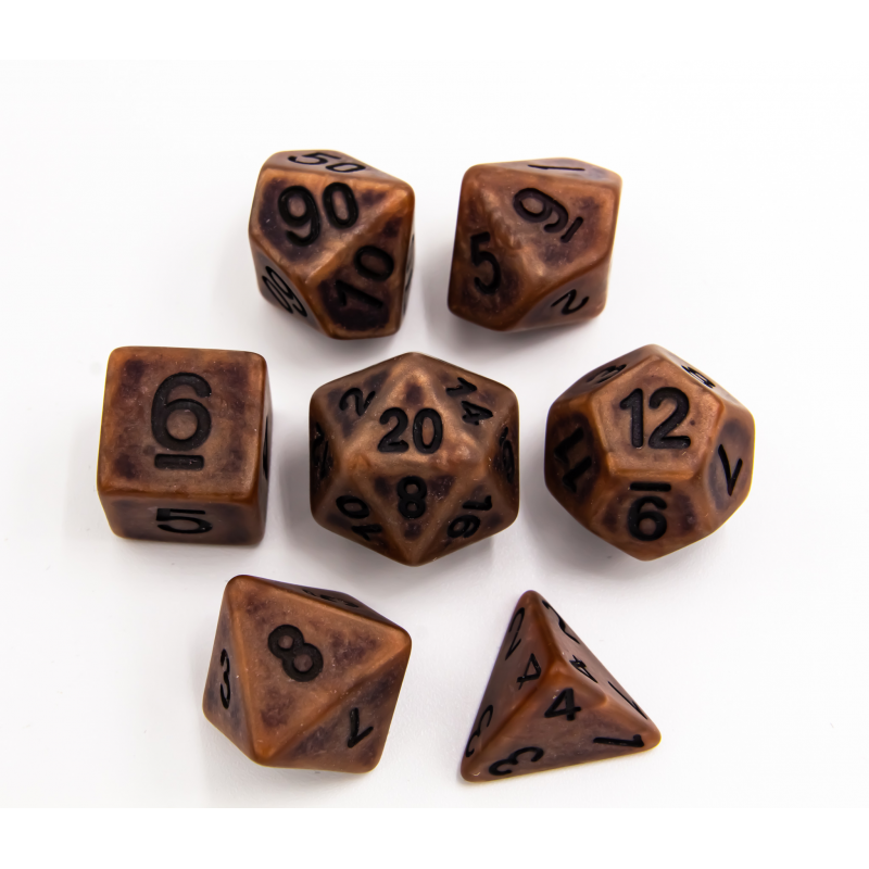 Copper Set of 7 Ancient Polyhedral Dice with Black Numbers for D20 based RPG's