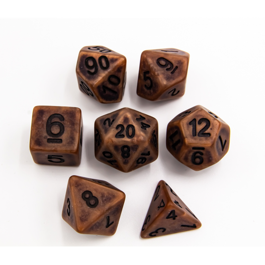 Copper Set of 7 Ancient Polyhedral Dice with Black Numbers for D20 based RPG's