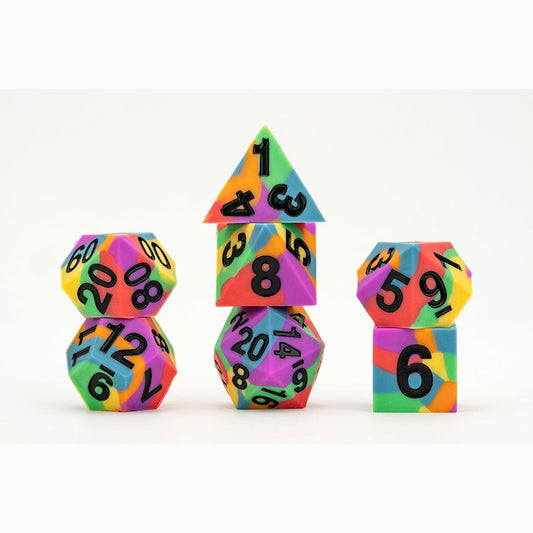 7 COUNT DICE POLY SET: 16MM SHARP-EDGE SILICON RUBBER: Rainbow Flag