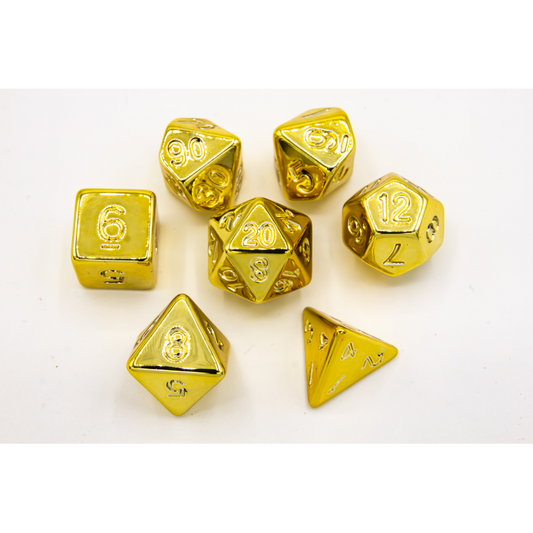 Gold Set of 7 Almost Metal Polyhedral Dice with Gold Numbers for D20 based RPG's