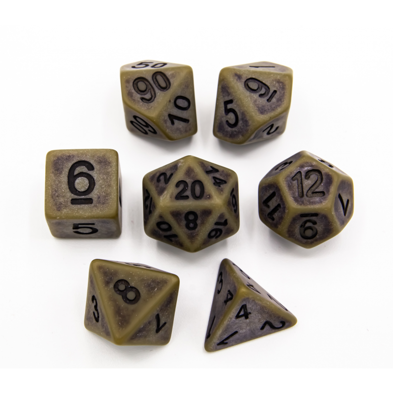 Green Set of 7 Ancient Polyhedral Dice with Black Numbers for D20 based RPG's