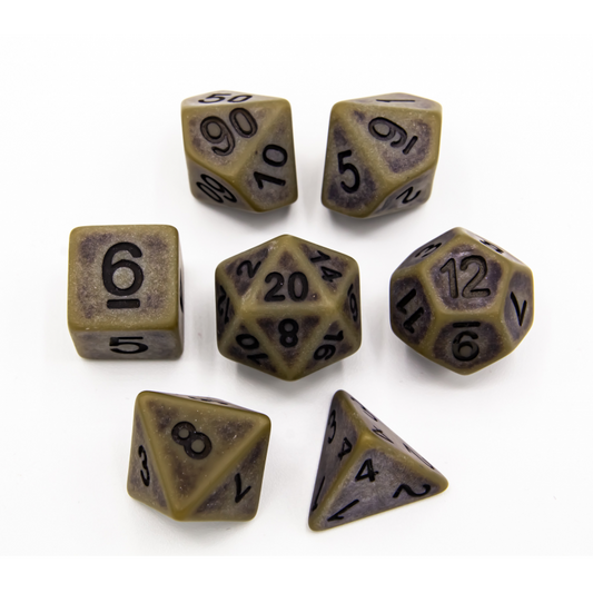 Green Set of 7 Ancient Polyhedral Dice with Black Numbers for D20 based RPG's
