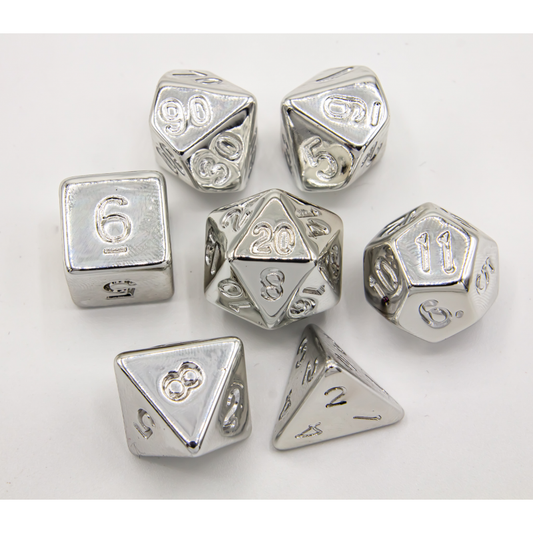 Silver Set of 7 Almost Metal Polyhedral Dice with Silver Numbers for D20 based RPG's